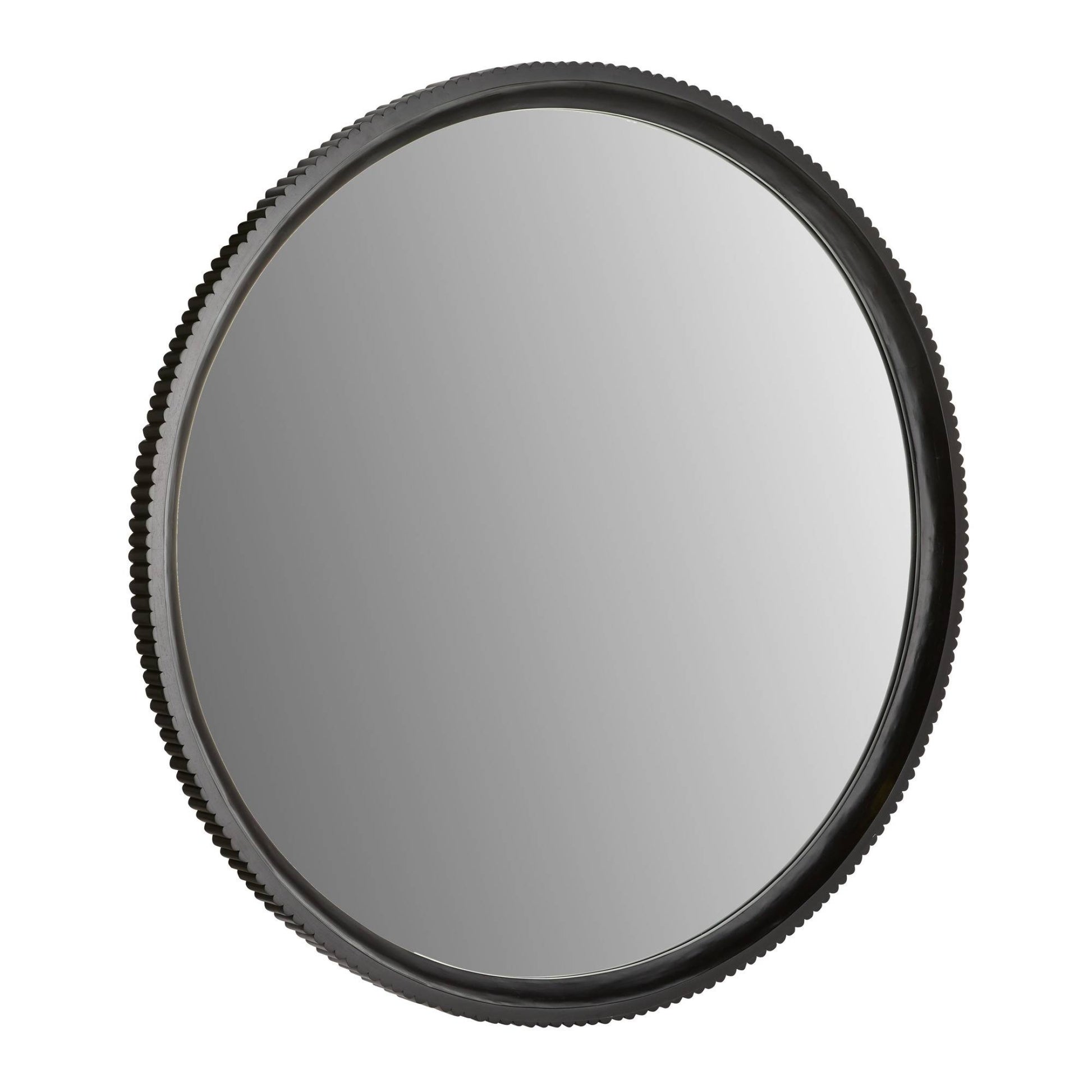 Round gray filter with black rim on a white background