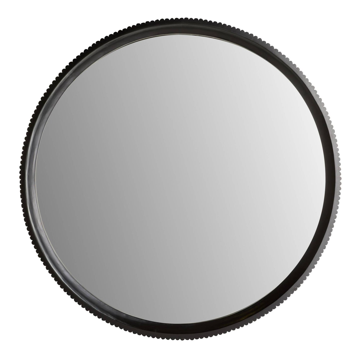 Round camera lens filter with black rim on a white background