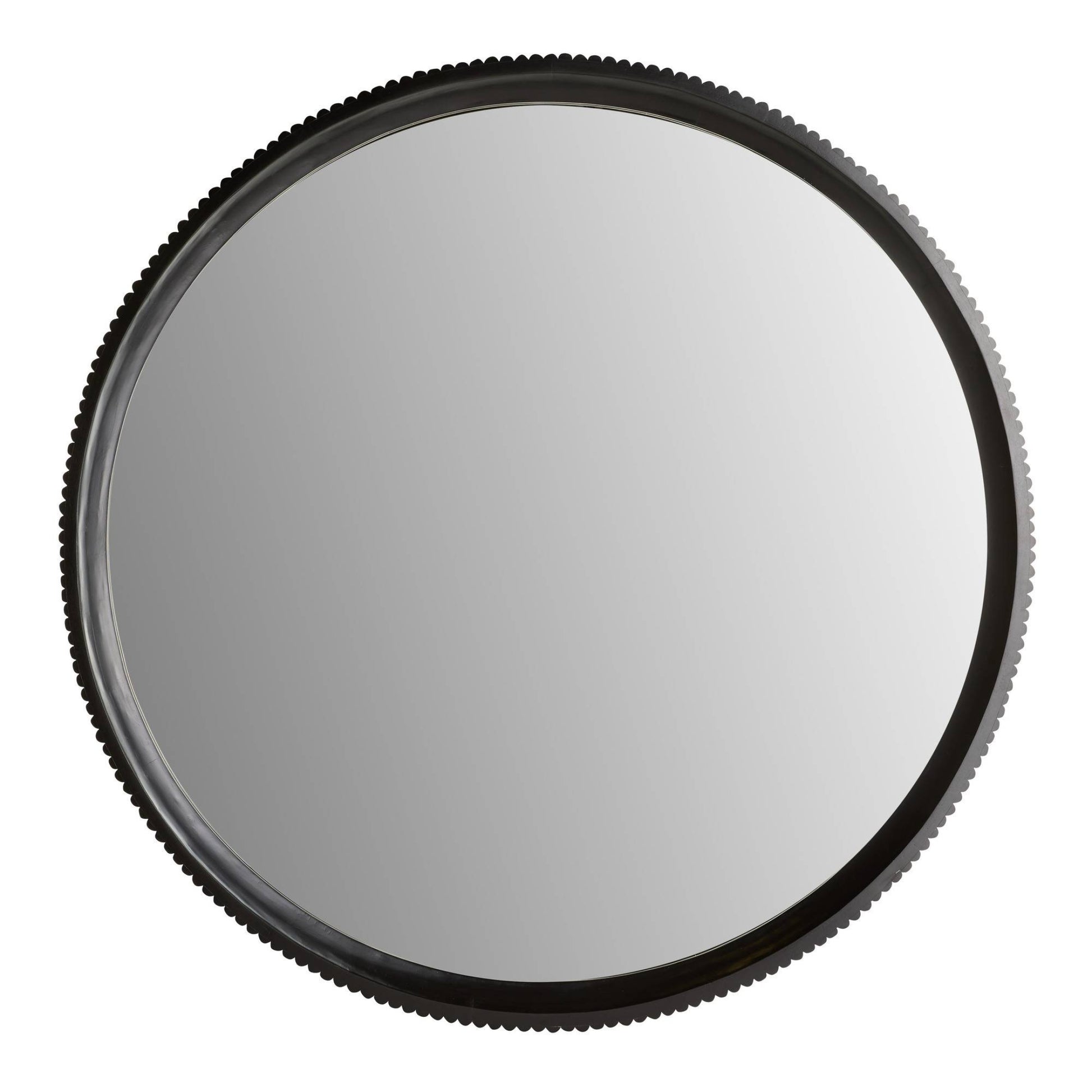 Round camera lens filter with black rim on a white background