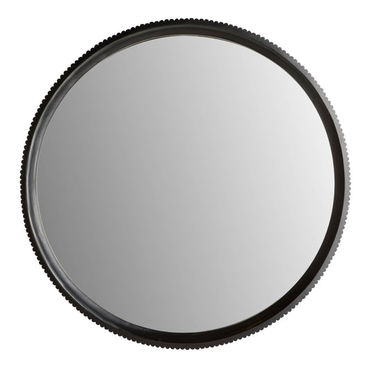 Round camera lens filter with black rim on a white background
