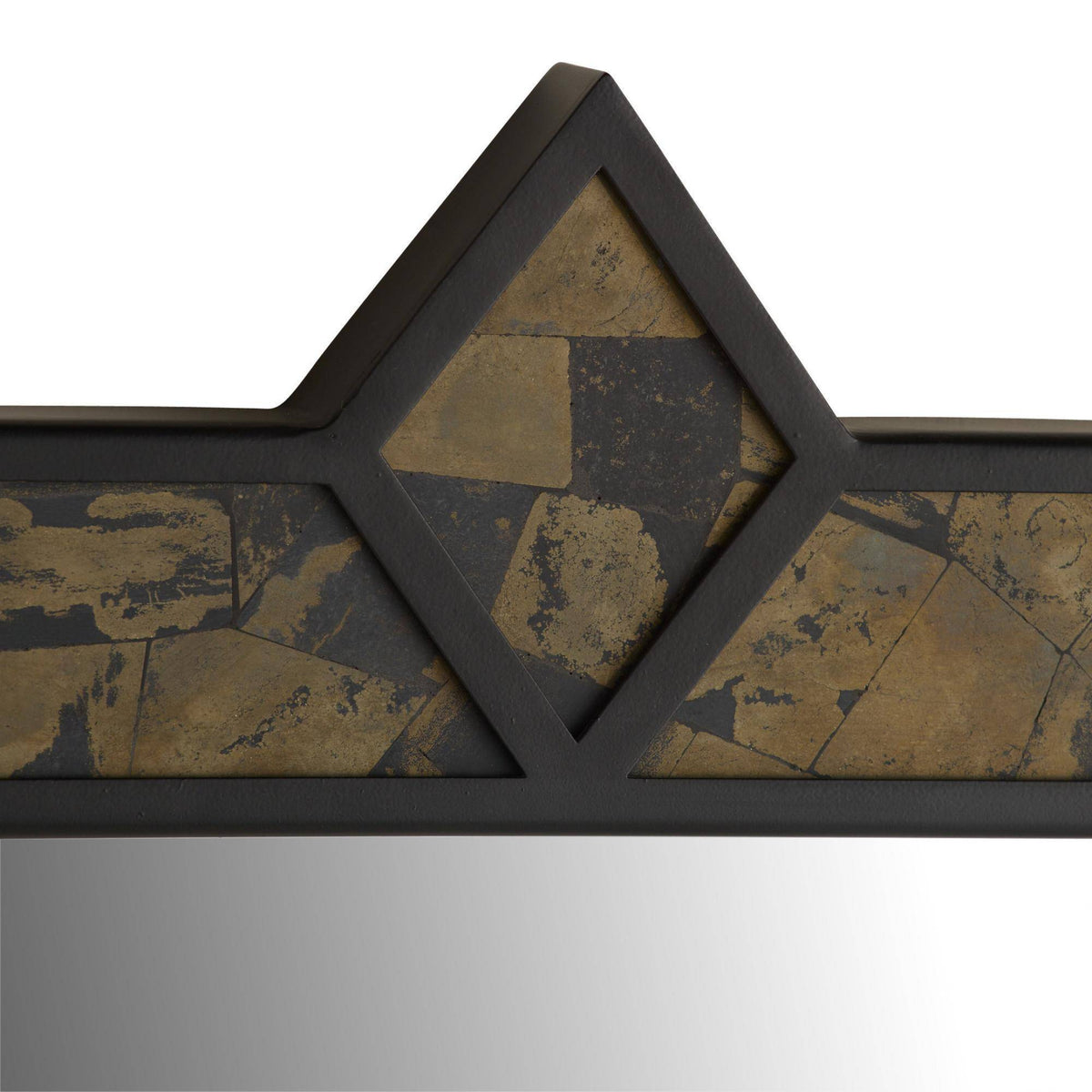 Decorative mirror with a textured black and gold frame on a white background