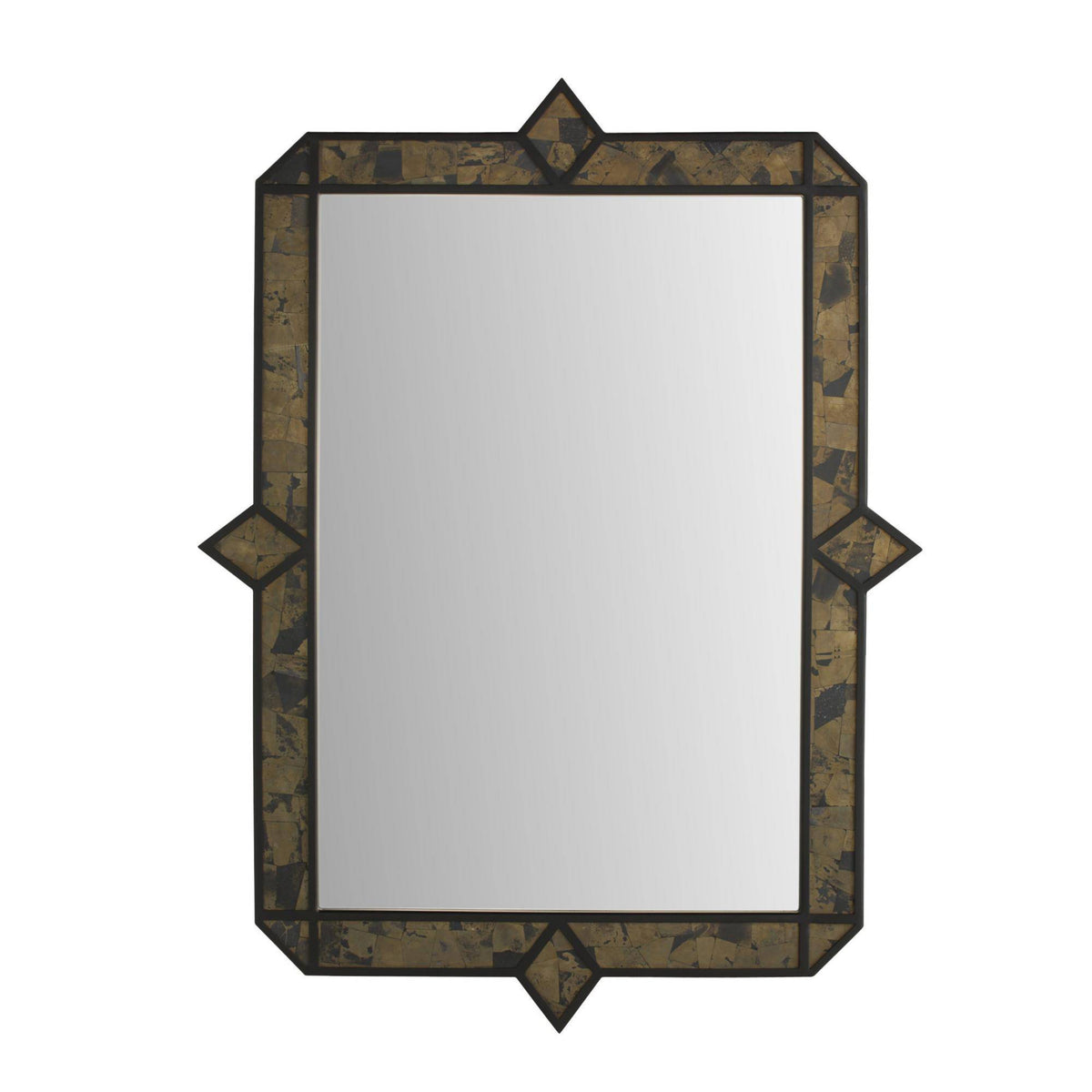 Decorative mirror with a black and gold frame on a white background