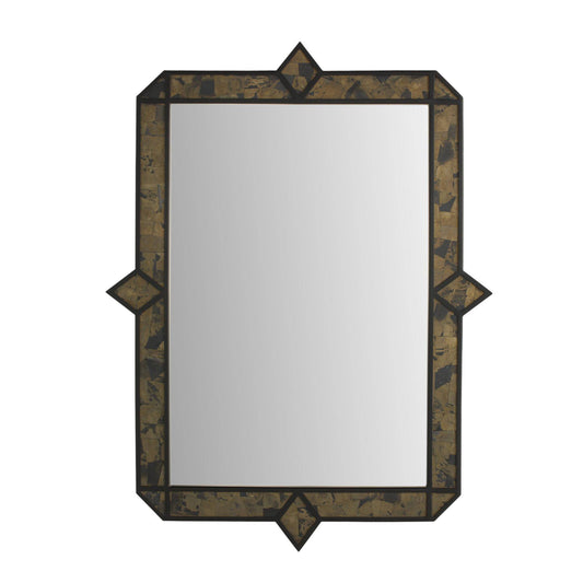 Decorative mirror with a black and gold frame on a white background