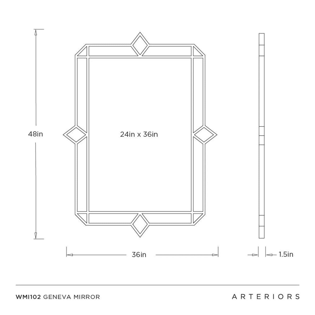Technical drawing of a mirror with dimensions labeled, featuring the brand 'Arteriors'.