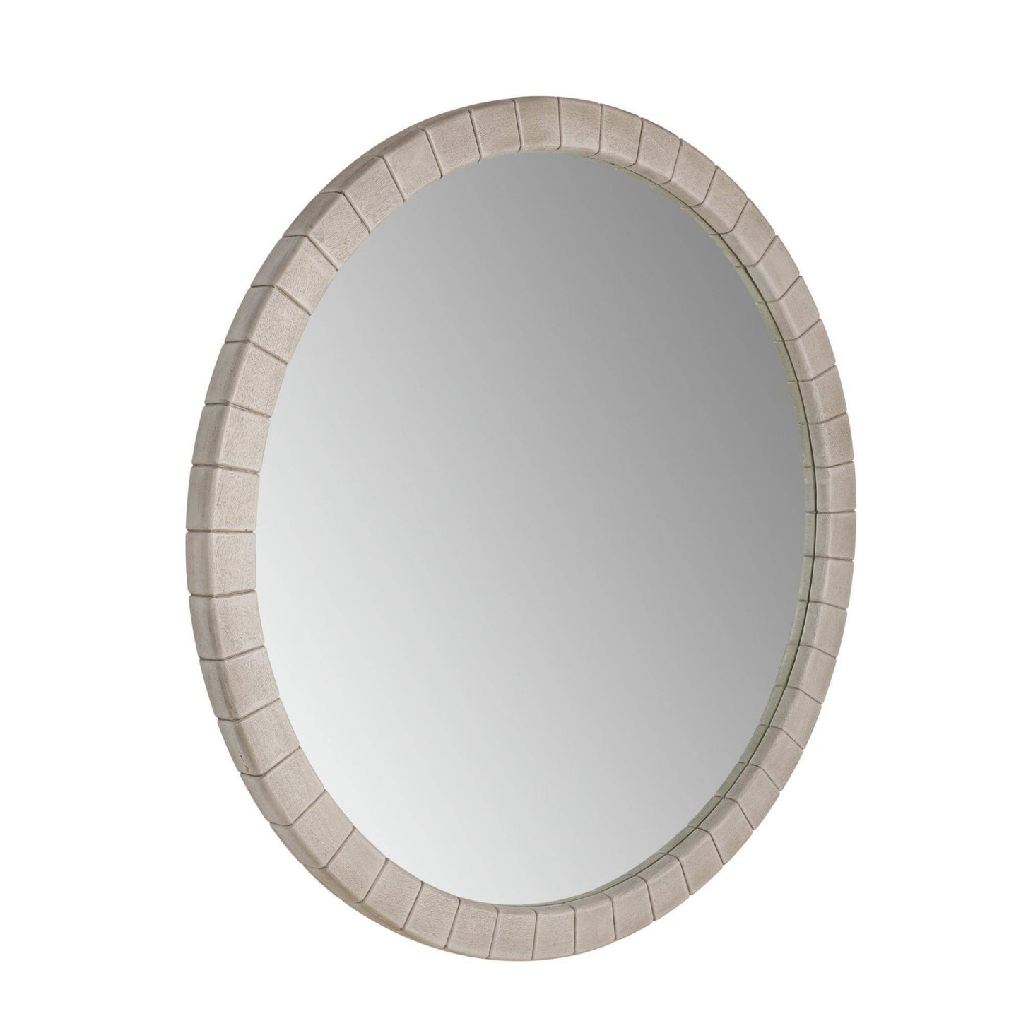 An round wall mirror with a textured, segmented frame in a light beige or off-white finish, shown against a plain white background.