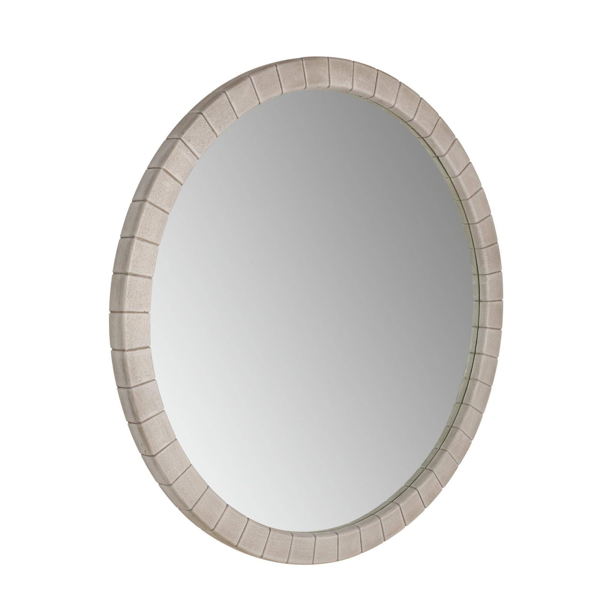 An round wall mirror with a textured, segmented frame in a light beige or off-white finish, shown against a plain white background.