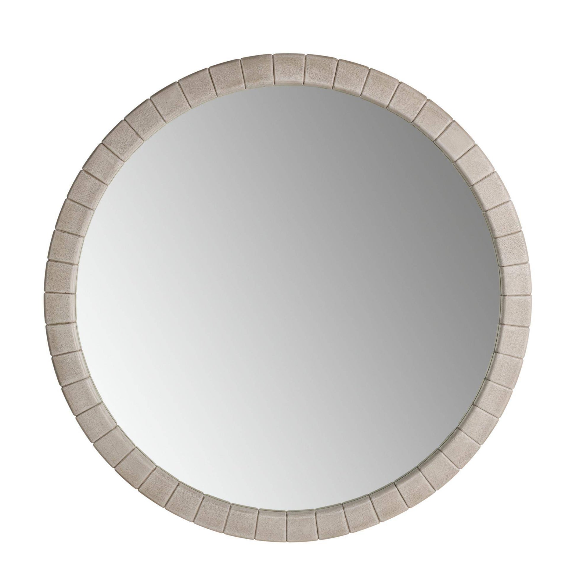 Round wall mirror with a textured light beige segmented frame, shown against a plain white background.