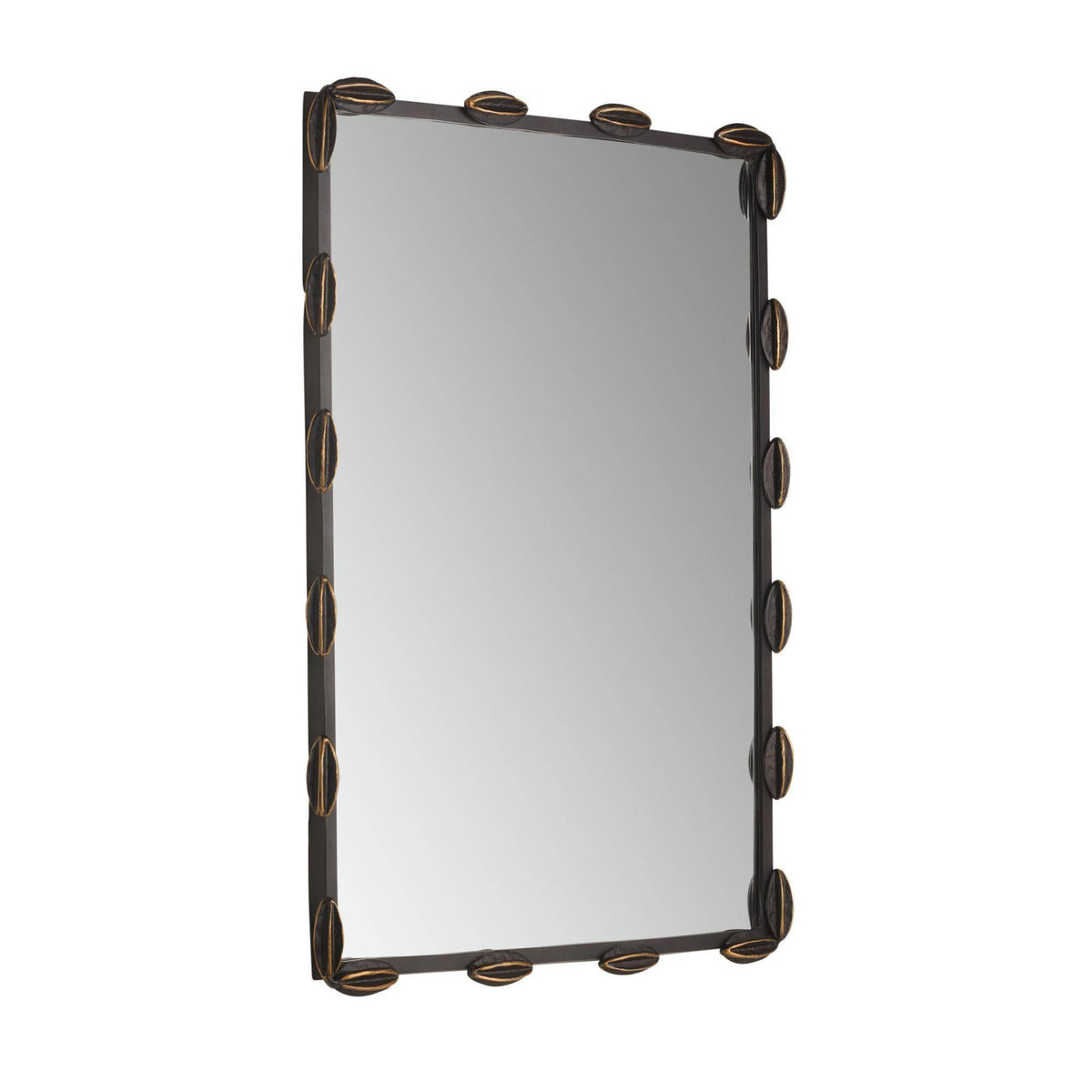 Rectangular mirror with decorative bronze frame on a white background