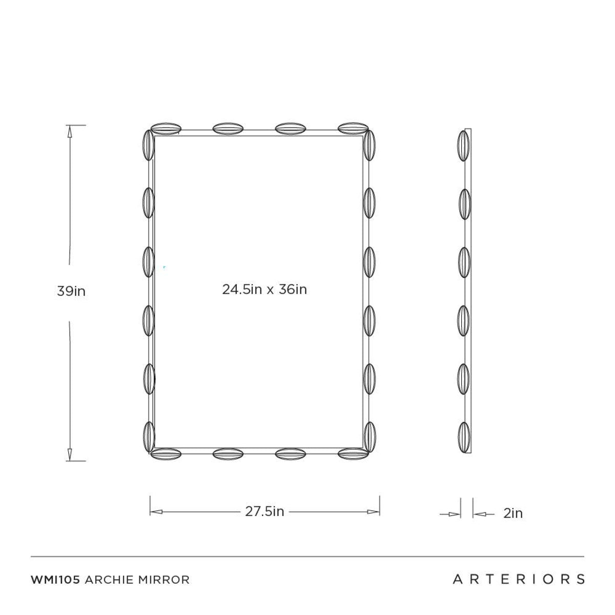 Measurement chart for the Archie mirror with dimensions labeled, featuring the brand 'Arteriors'.