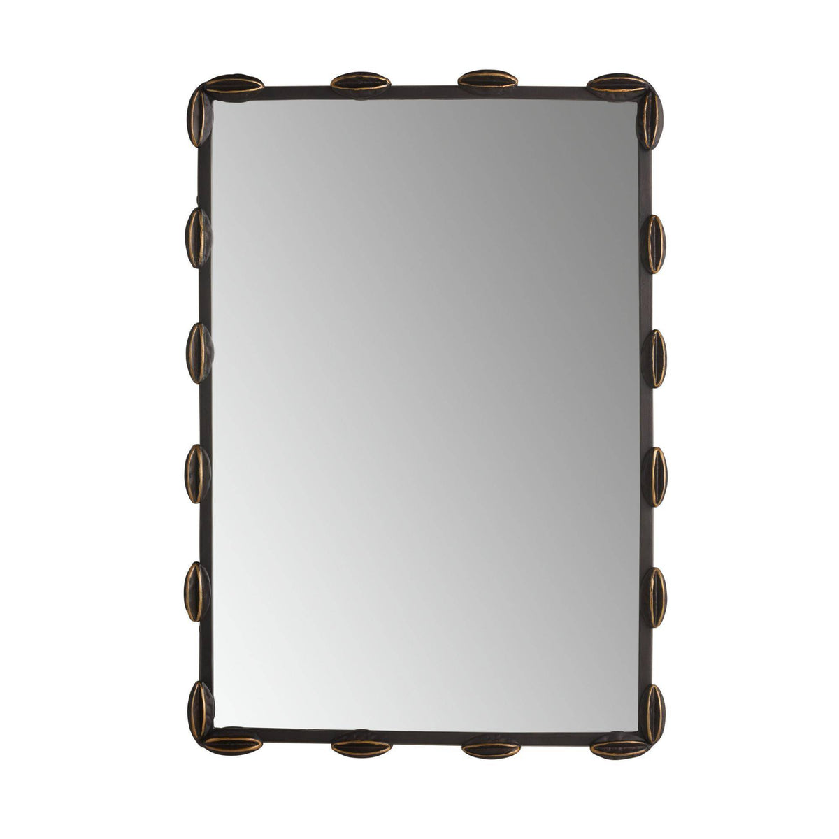 Rectangular mirror with decorative bronze frame on a white background