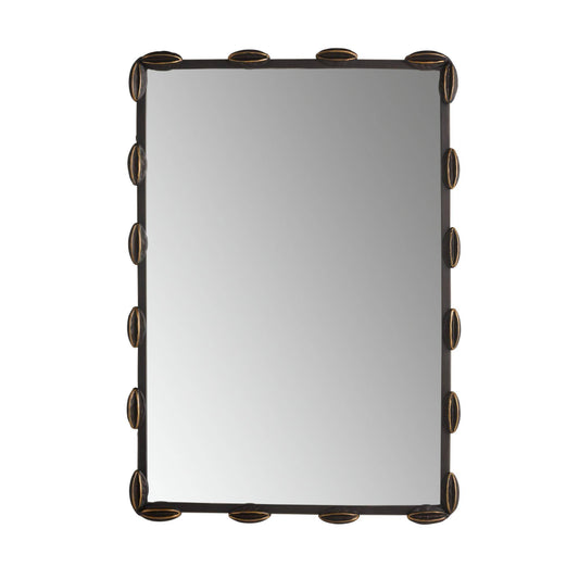 Rectangular mirror with decorative bronze frame on a white background
