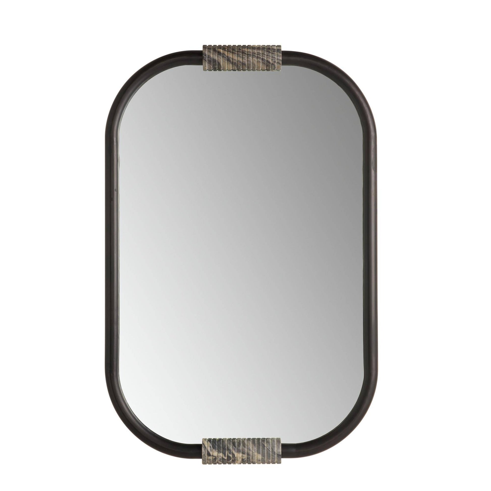 An rectangular wall mirror with a dark charcoal gray frame and textured gray and beige woven accent bands at the top and bottom, shown against a plain white background.