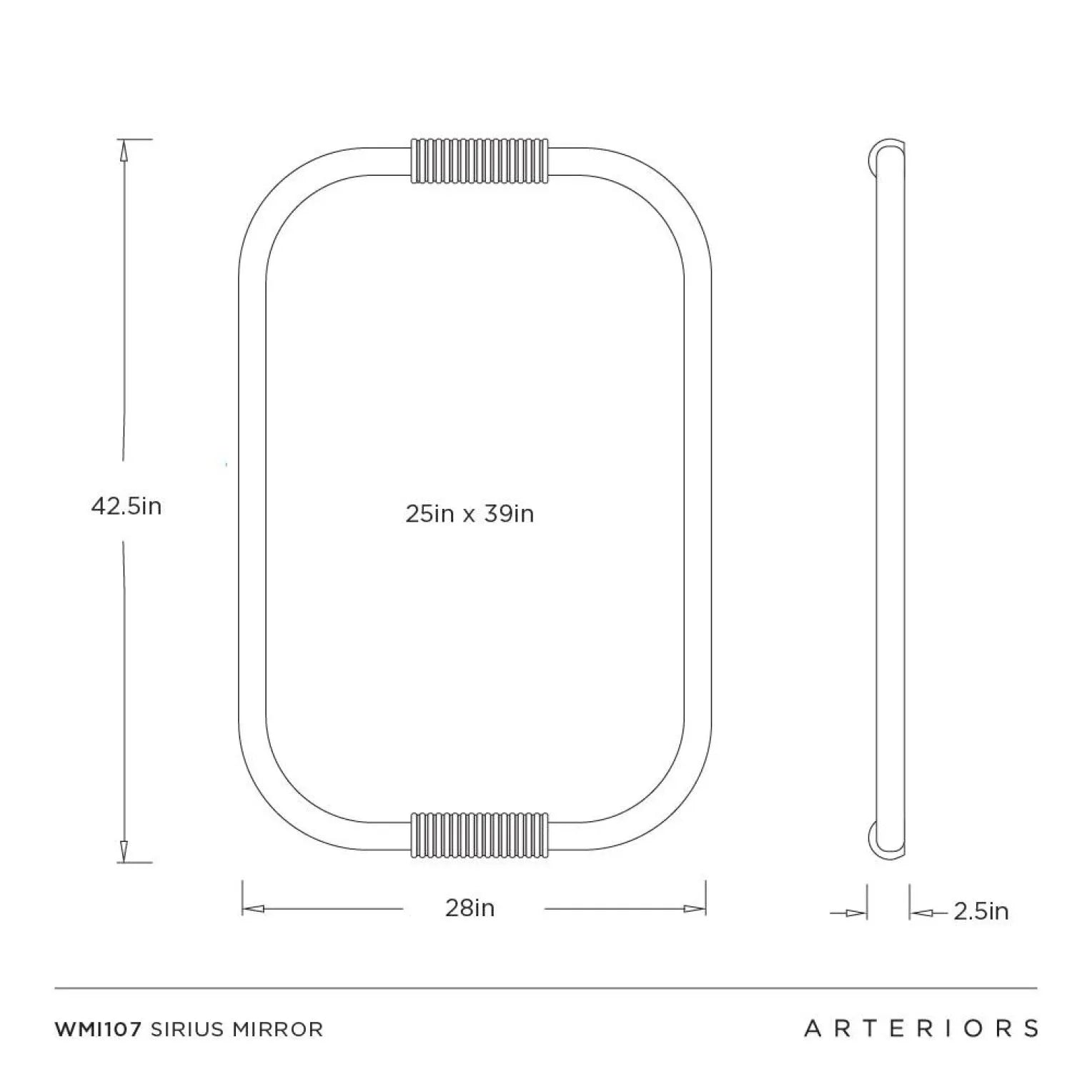 Technical dimension drawing of a rectangular oval mirror with inset side profile, showing measurements 42.5 in height, 28 in width, and 25 in depth, labeled WM1107 SIRIUS MIRROR with ARTERIORS branding.