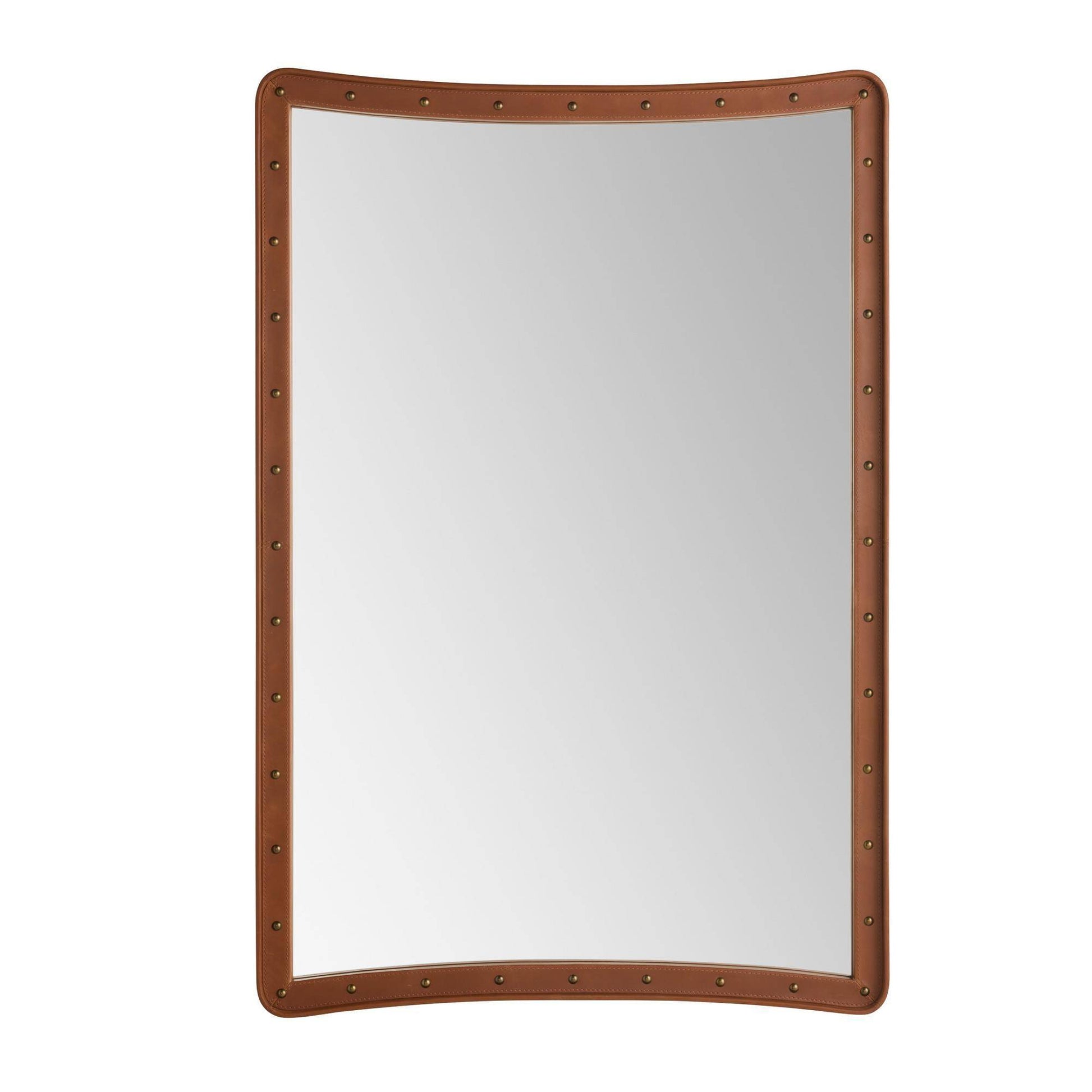 Rectangular mirror with a brown leather-like frame on a white background