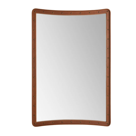Rectangular mirror with a brown leather-like frame on a white background