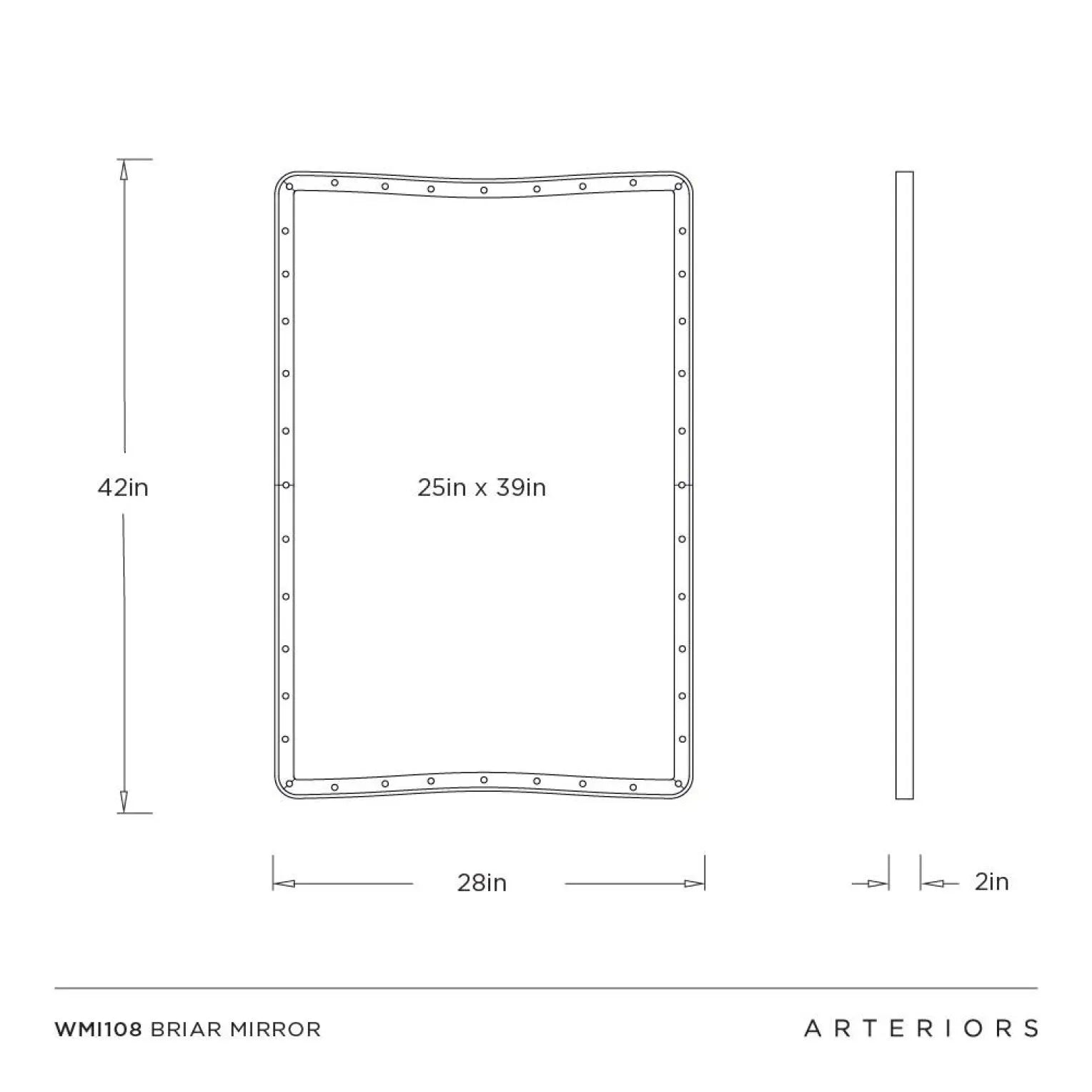 Dimensions of a rectangular mirror with rivet details on a white background, branded 'Arteriors'.