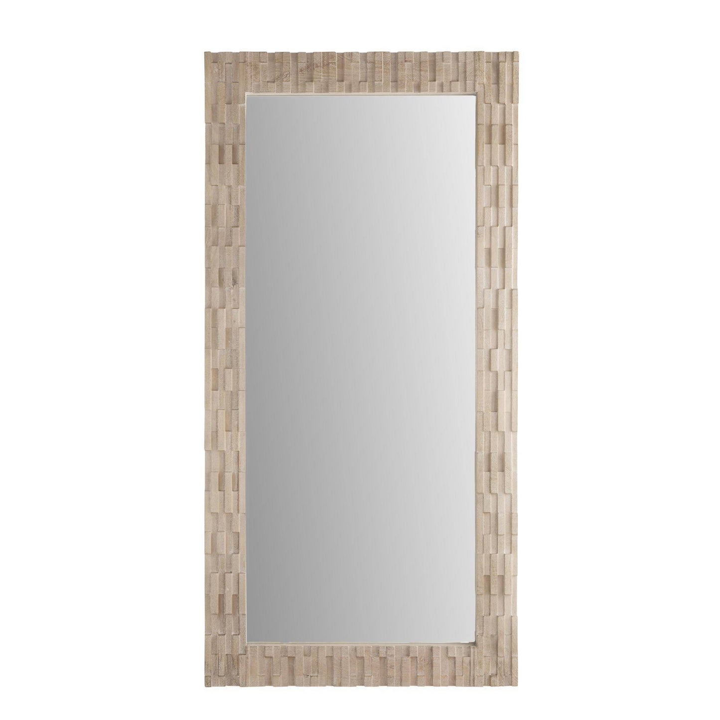 Rectangular mirror with a wooden frame on a white background