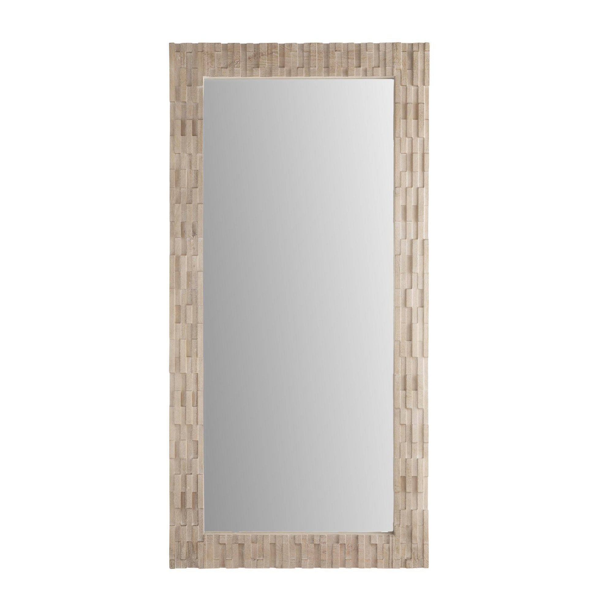 Rectangular mirror with a wooden frame on a white background
