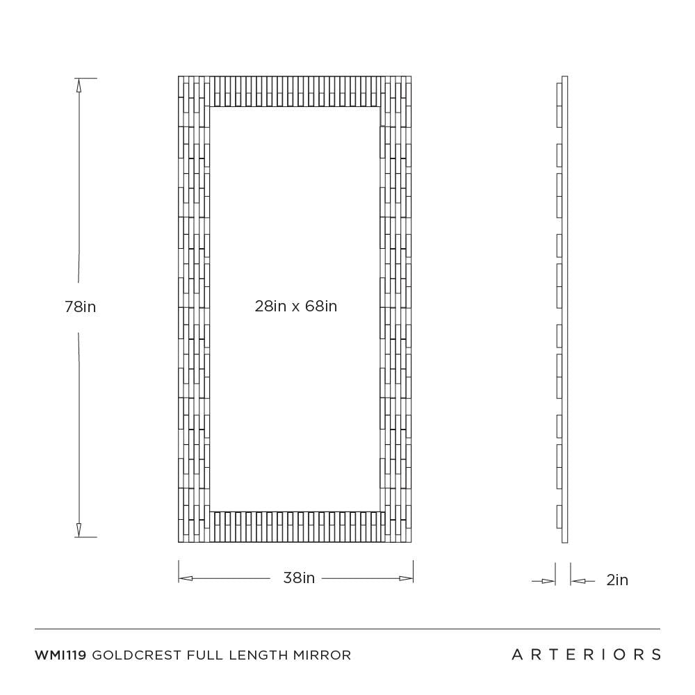 Technical drawing of a Goldcrest full-length mirror with dimensions and Arteriors branding.