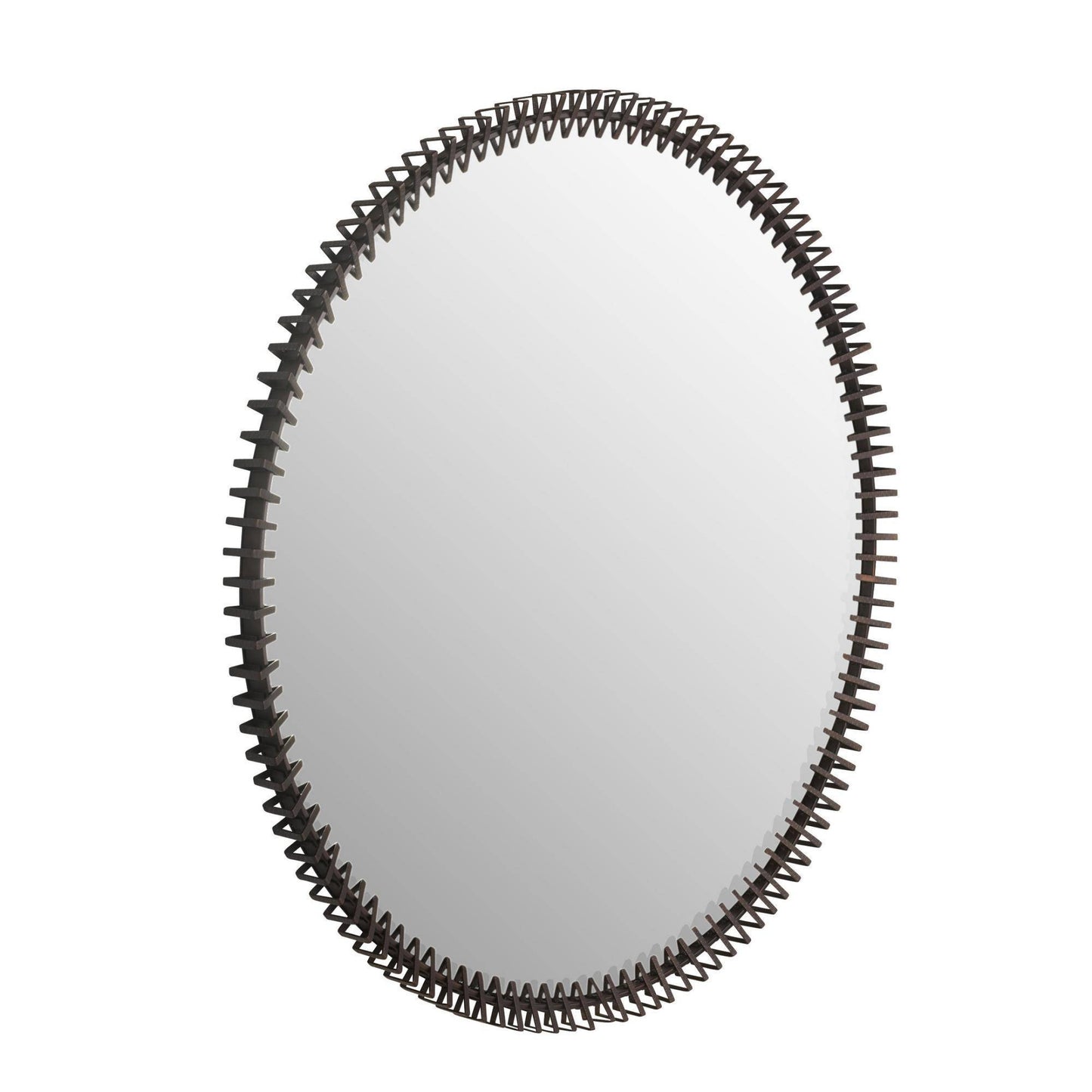 Angled wall mirror with a dark metal frame featuring a textured, wavy, braided edge design, shown against a plain white background.