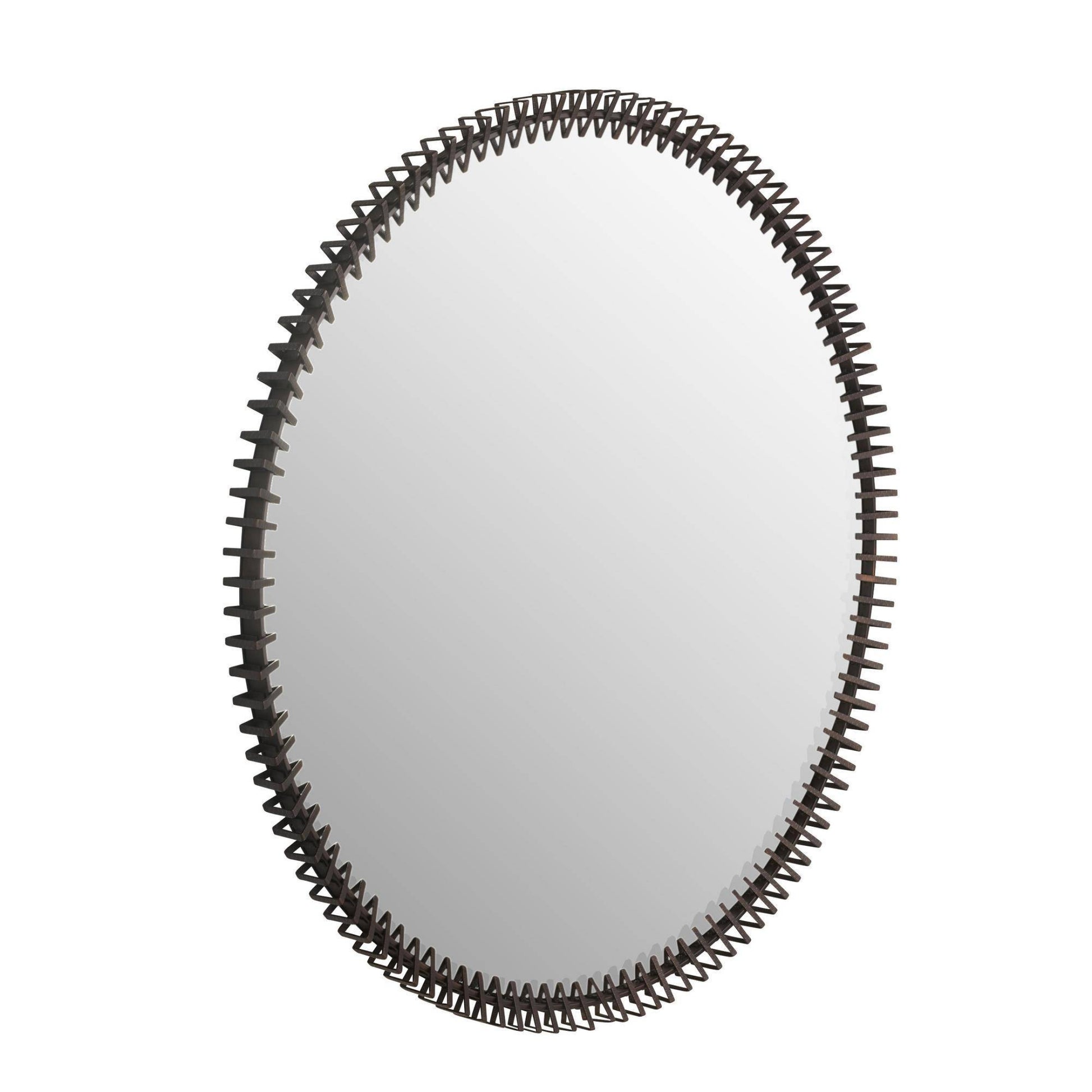 Angled wall mirror with a dark metal frame featuring a textured, wavy, braided edge design, shown against a plain white background.