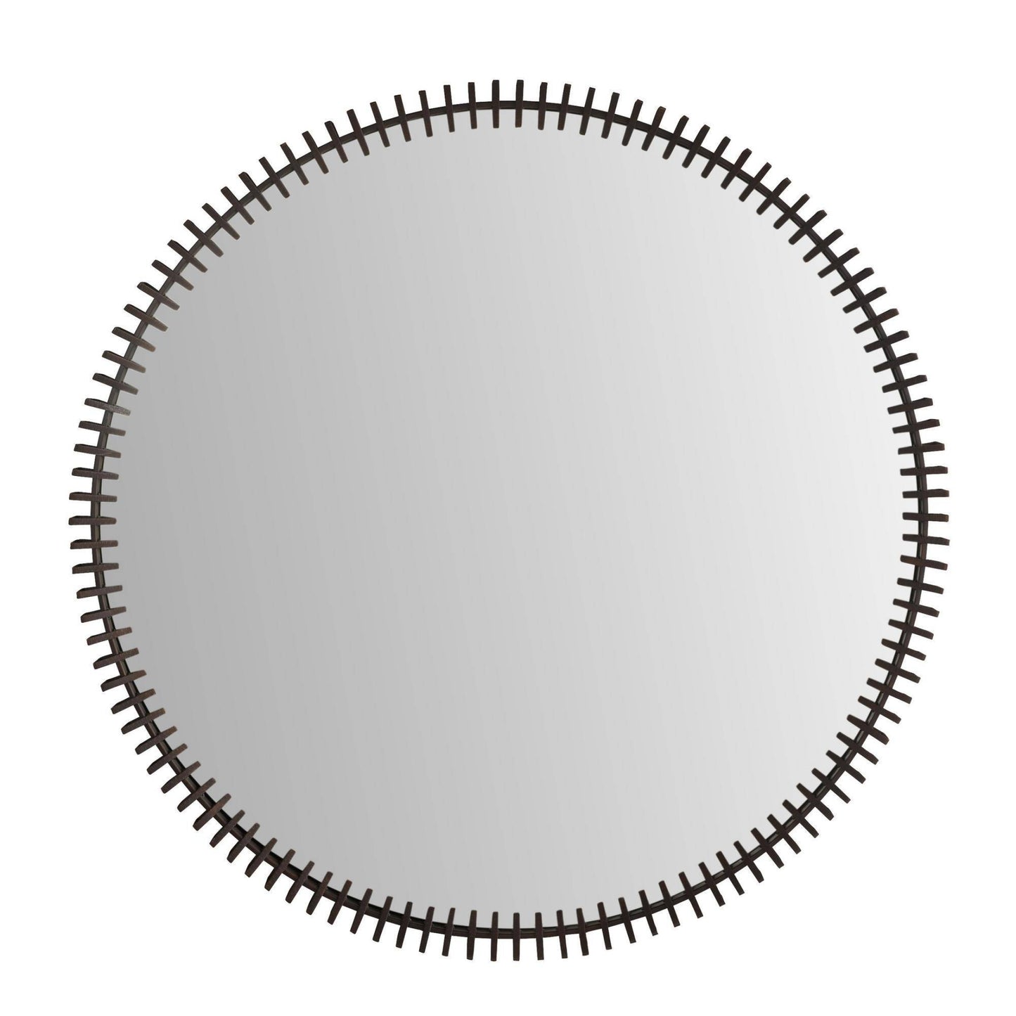 Round mirror with a black border on a white background