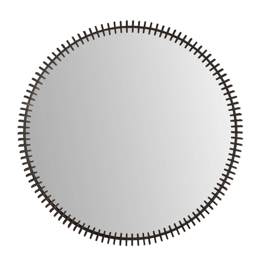 Round mirror with a black border on a white background