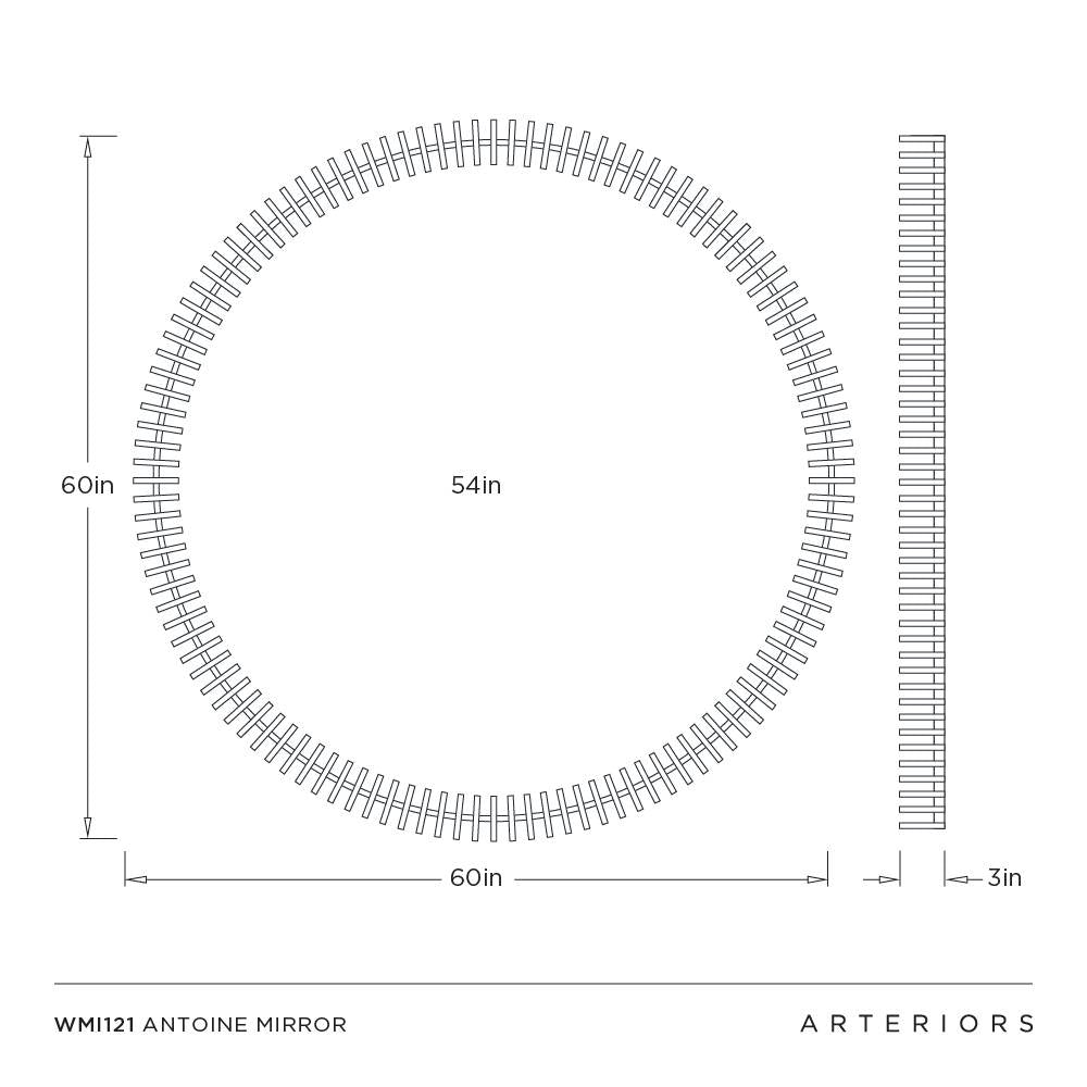 Technical dimension drawing of a round wall mirror labeled WM1121 Antoine Mirror, showing a 60-inch diameter, 54-inch reflective center, and a side profile of the mirror frame. The brand name Arteriors is visible at the bottom right.