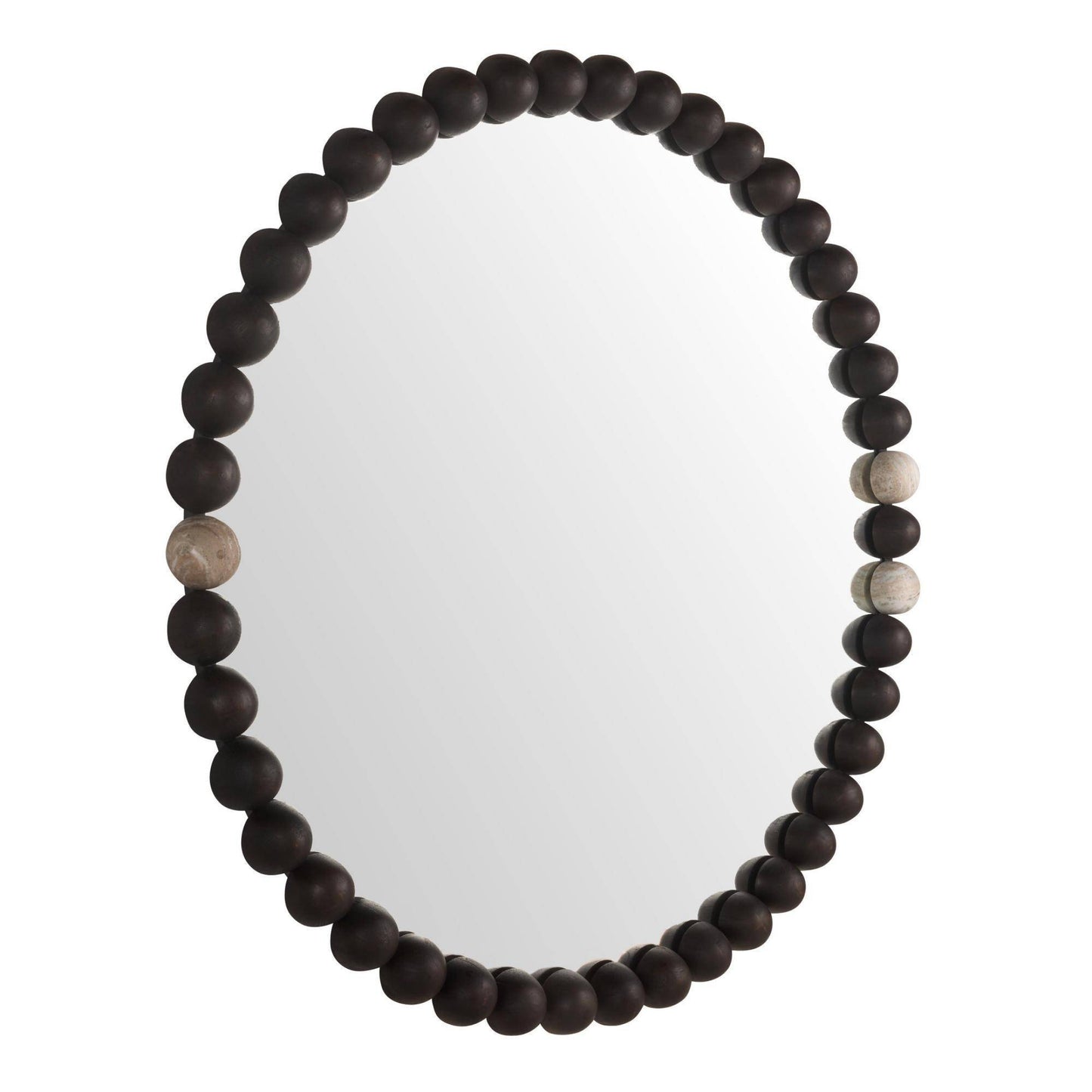 Round mirror with a dark wooden bead frame on a white background