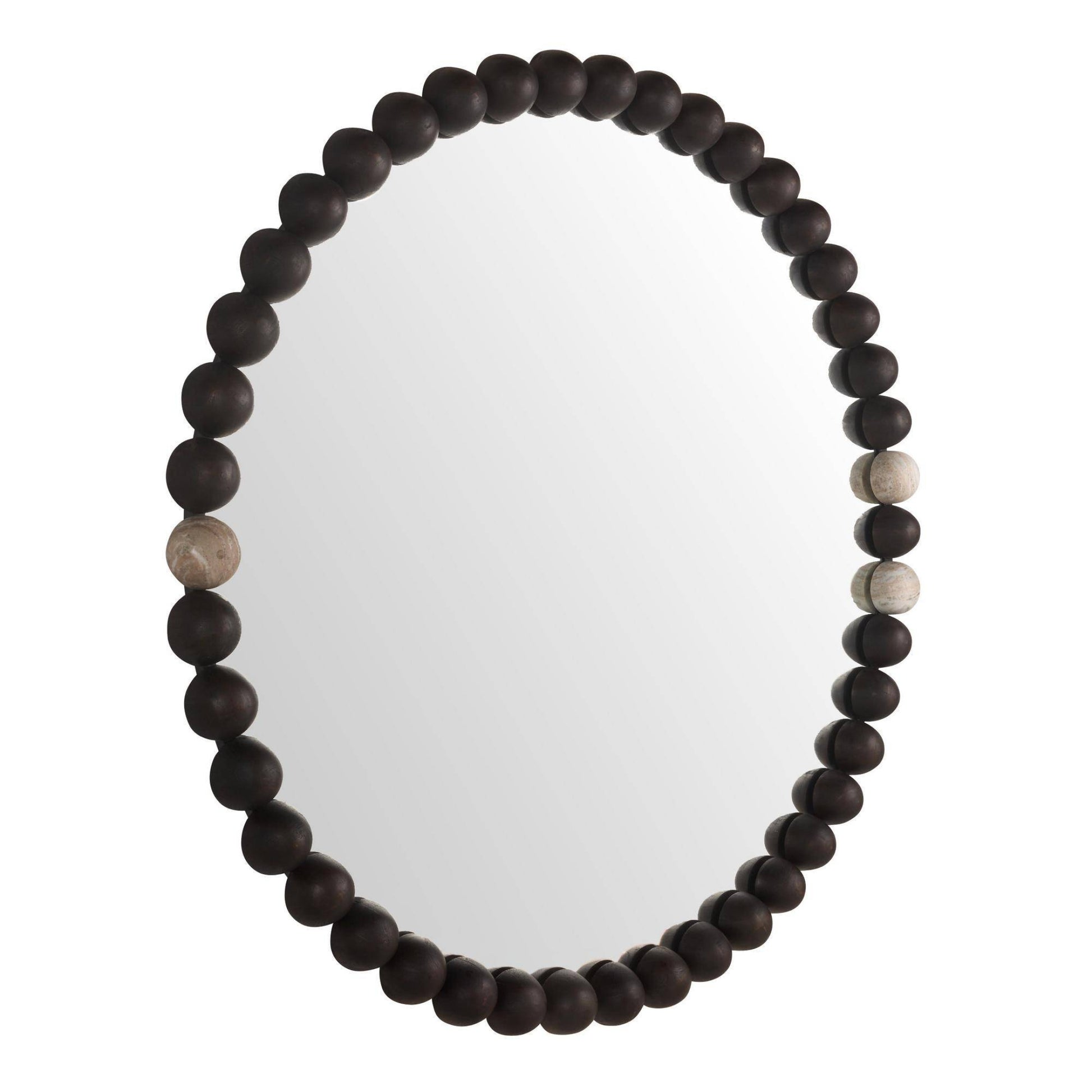 Round mirror with a dark wooden bead frame on a white background