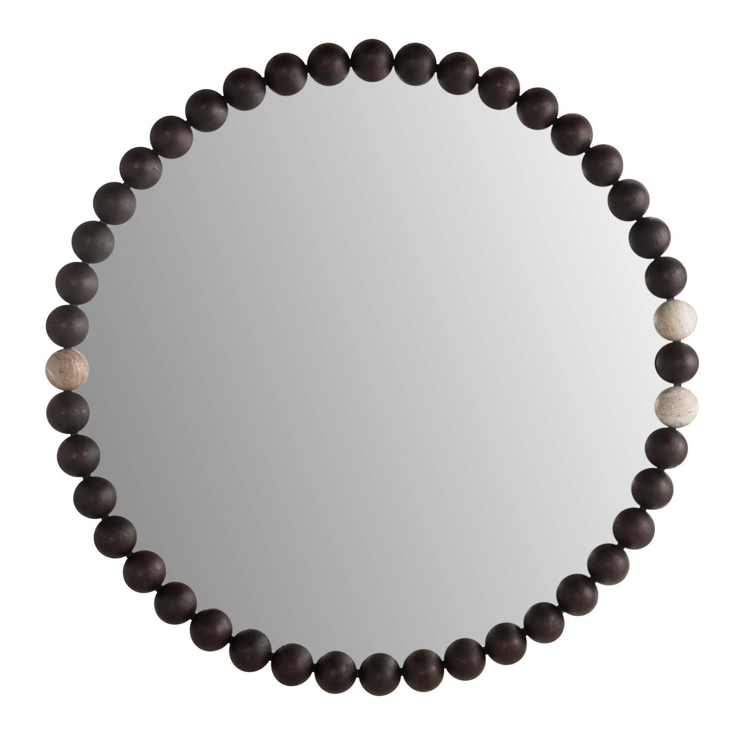 Round mirror with a decorative wooden bead frame on a white background