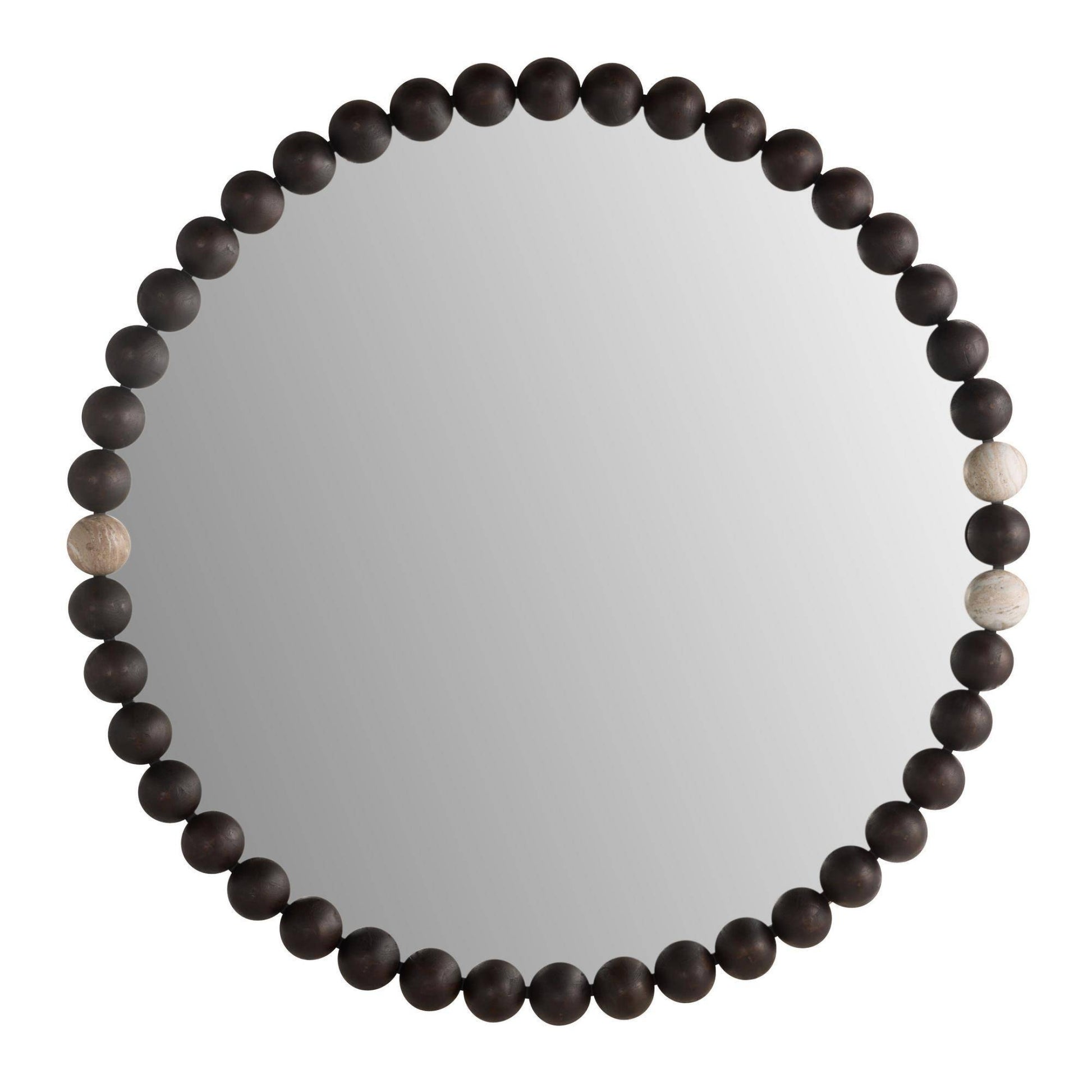 Round mirror with a decorative wooden bead frame on a white background