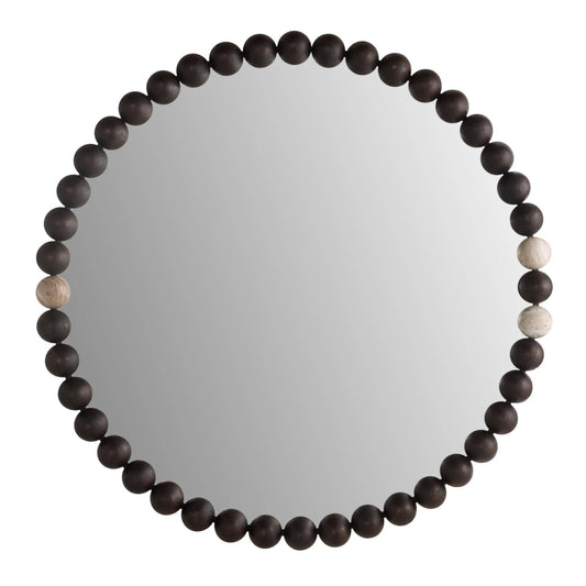 Round mirror with a decorative wooden bead frame on a white background