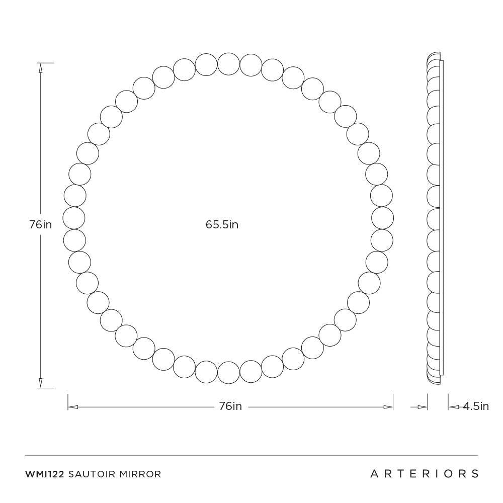 Technical drawing of a Sautoir mirror with dimensions and brand name 'Arteriors' displayed.