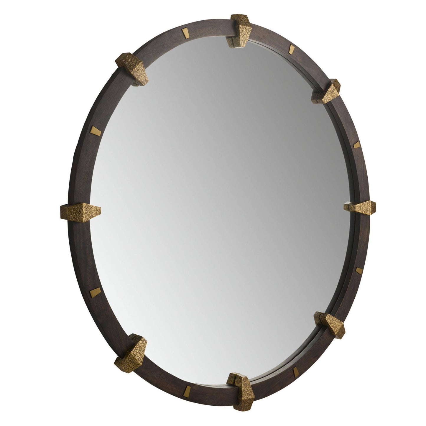 Round mirror with decorative brown and gold frame on a white background