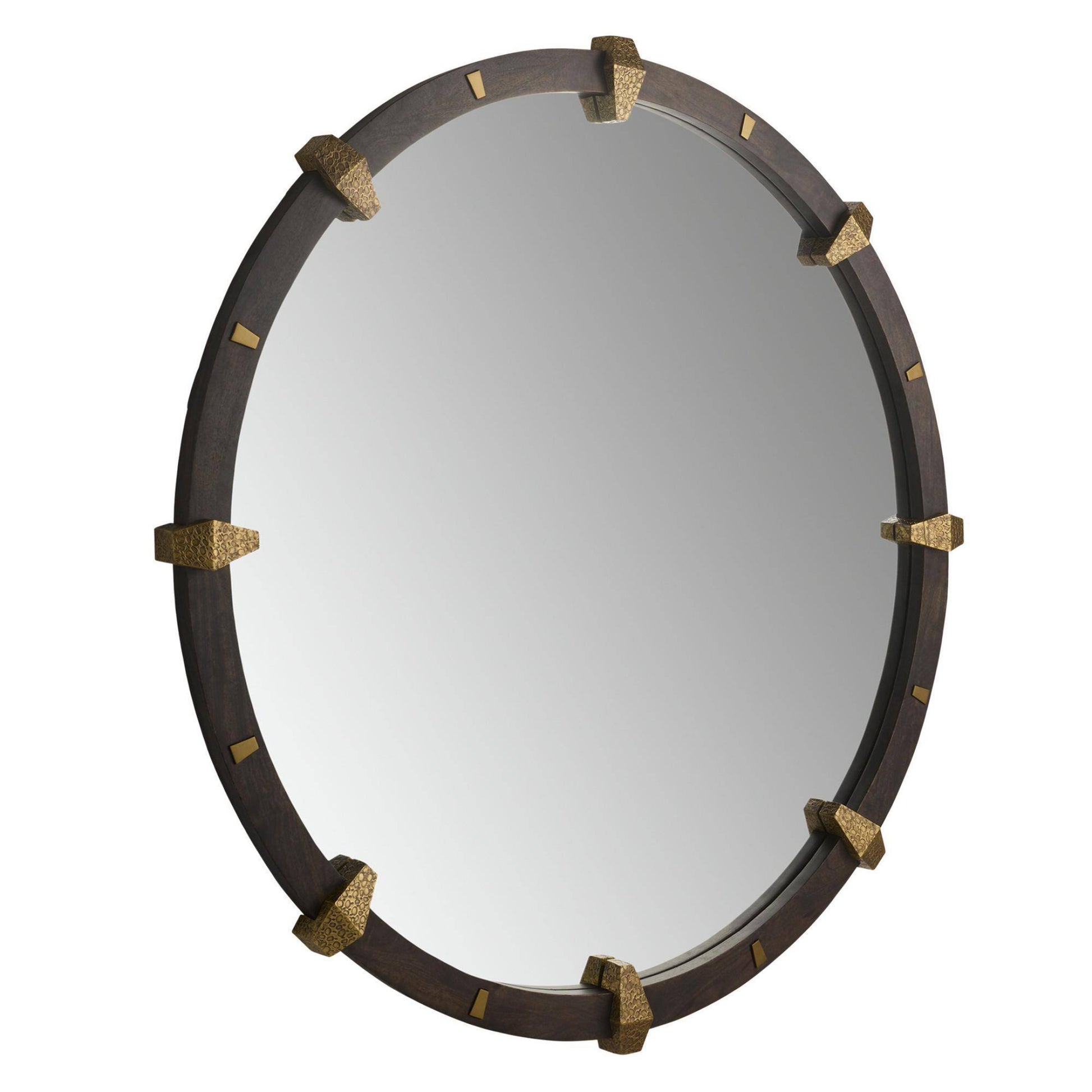 Round mirror with decorative brown and gold frame on a white background