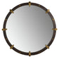 Round mirror with decorative brown frame and gold accents on a white background