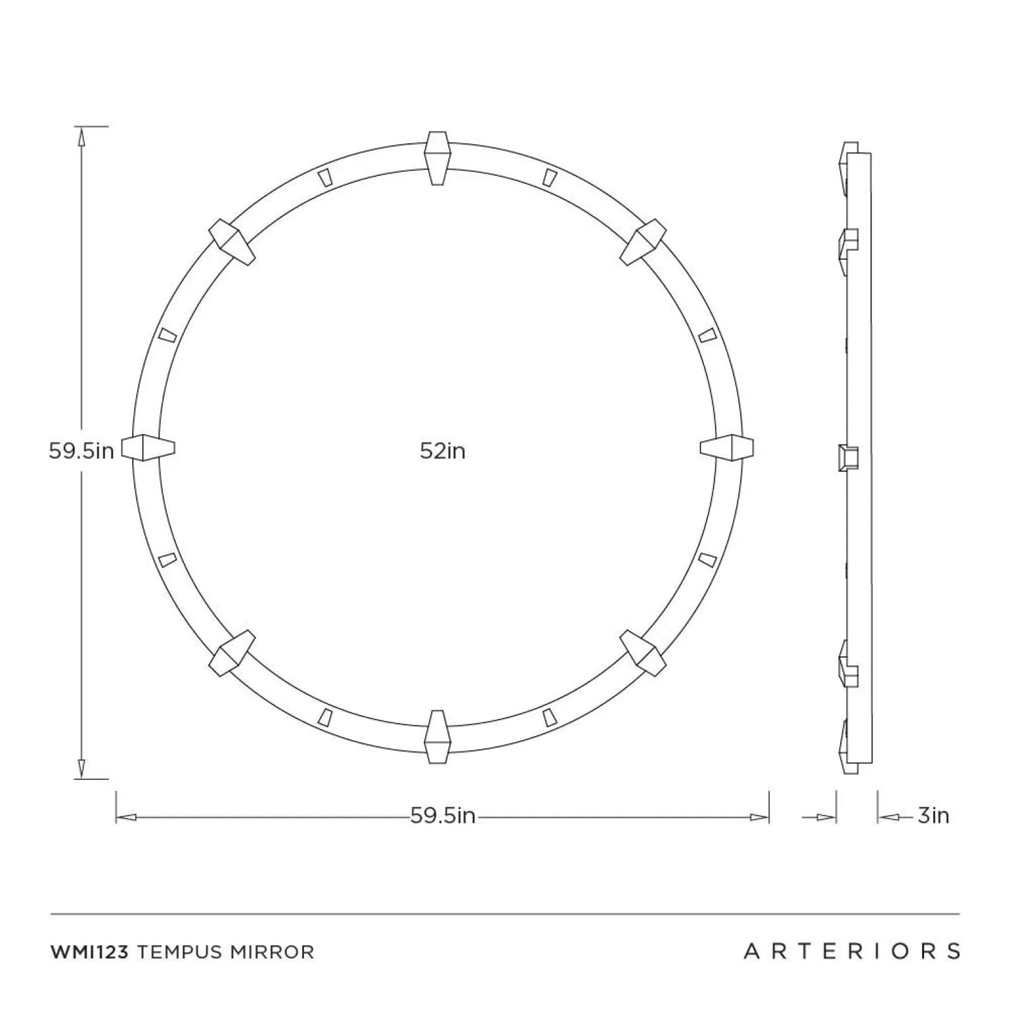 Technical drawing of a round mirror with dimensions labeled, featuring the brand 'Arteriors'.