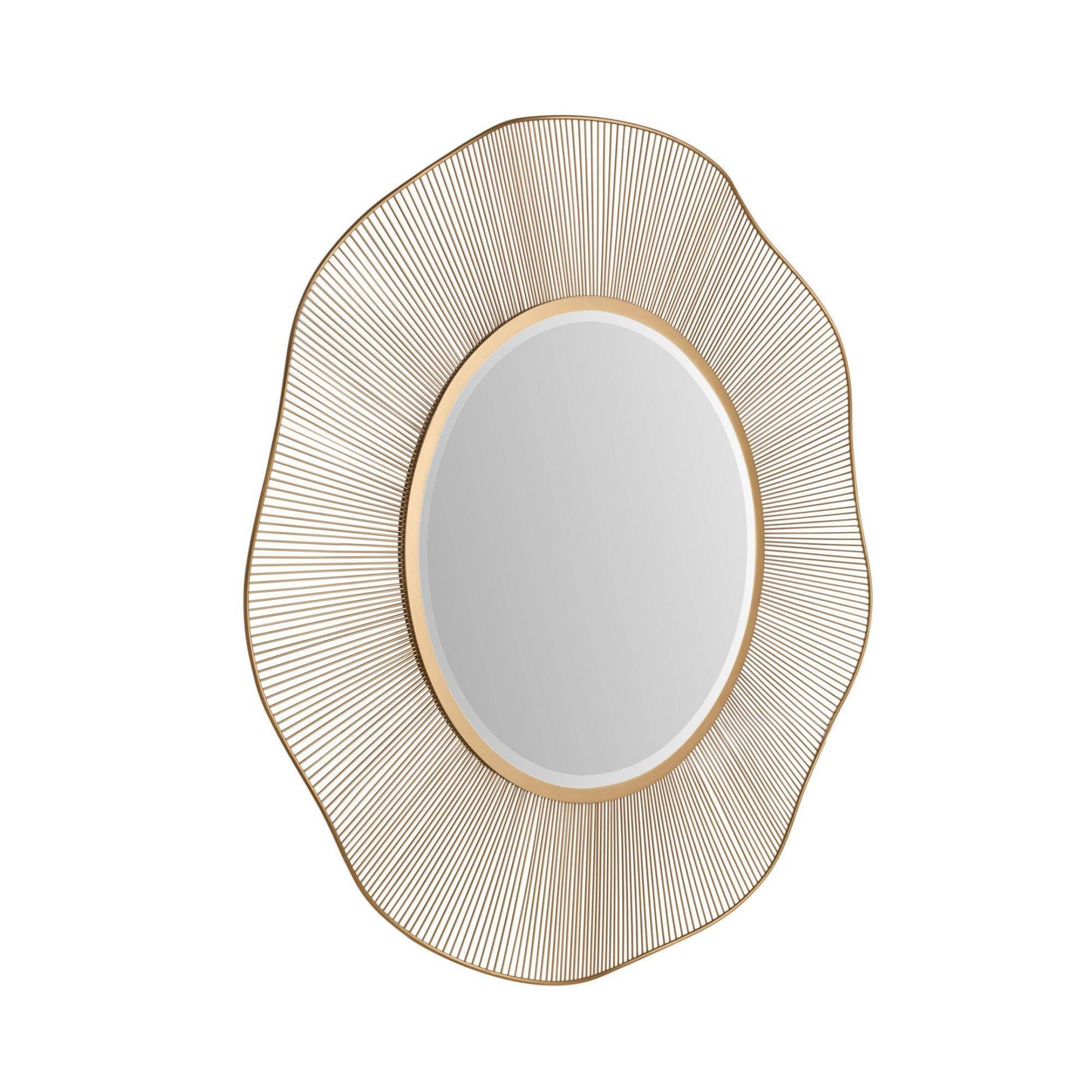 Decorative wall mirror with gold wireframe frame on a white background