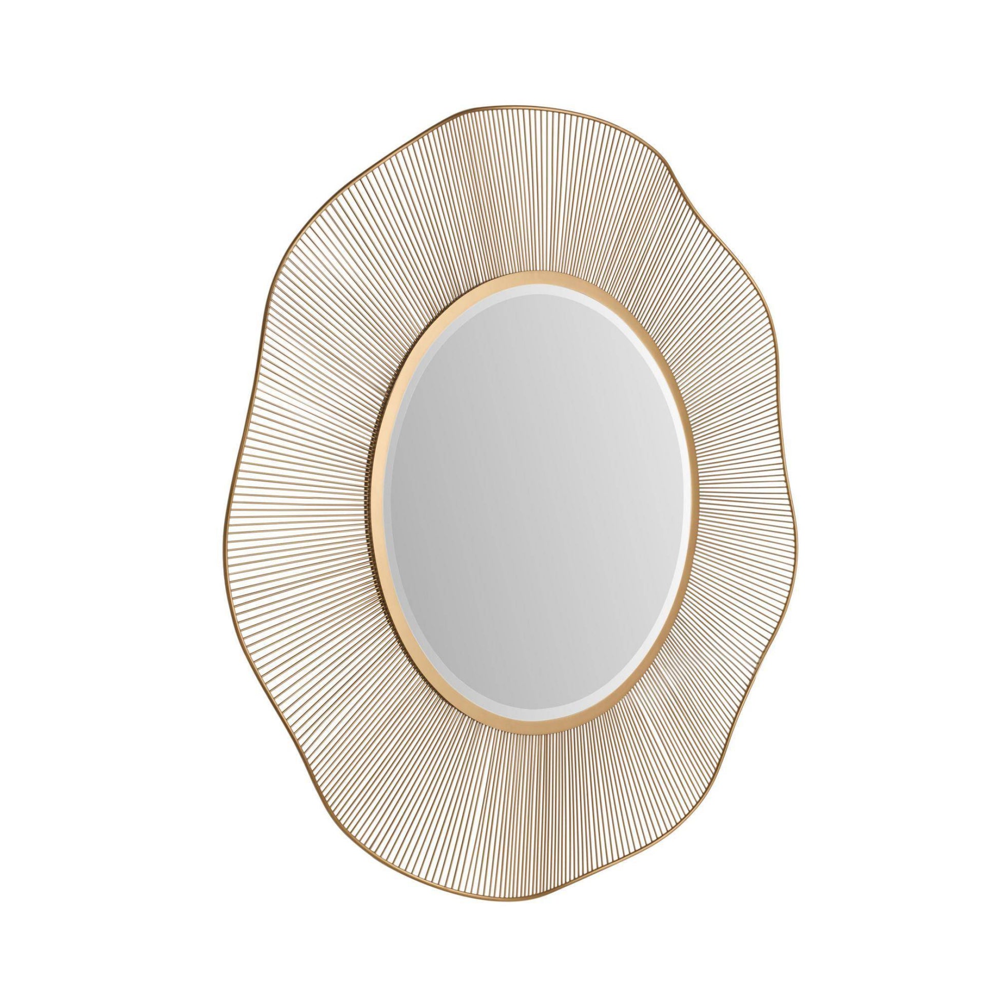 Decorative wall mirror with gold wireframe frame on a white background