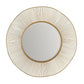 Round wall mirror with a gold-toned sunburst wire frame on a white background.