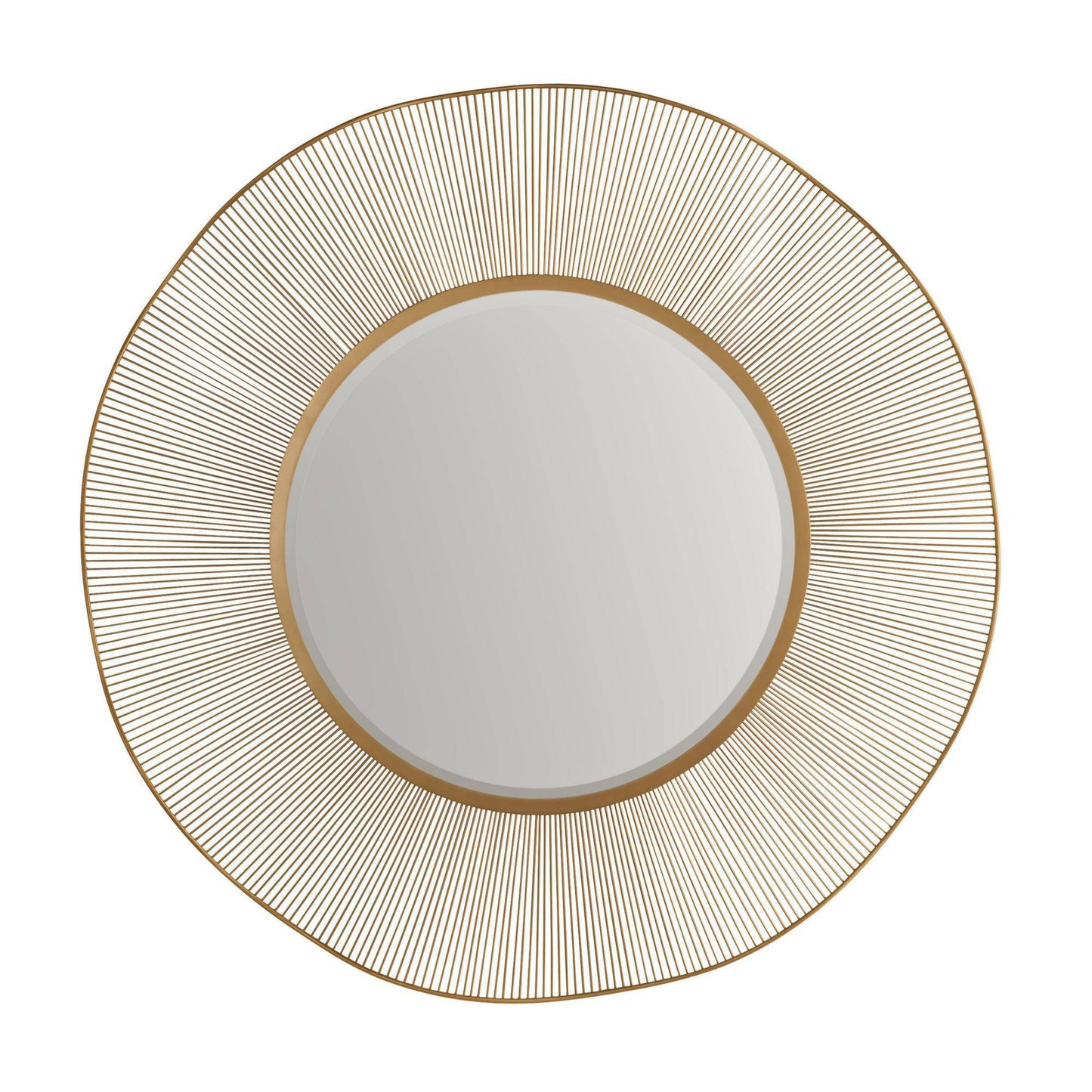 Round wall mirror with a gold-toned sunburst wire frame on a white background.