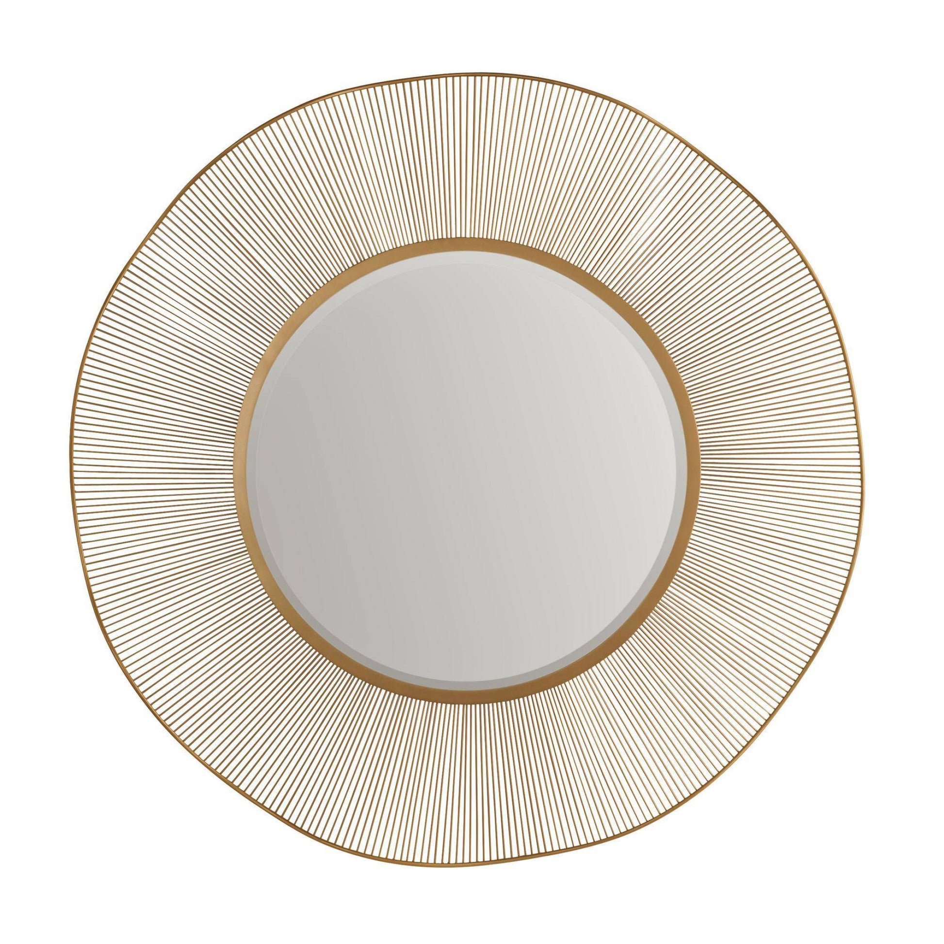Round wall mirror with a gold-toned sunburst wire frame on a white background.