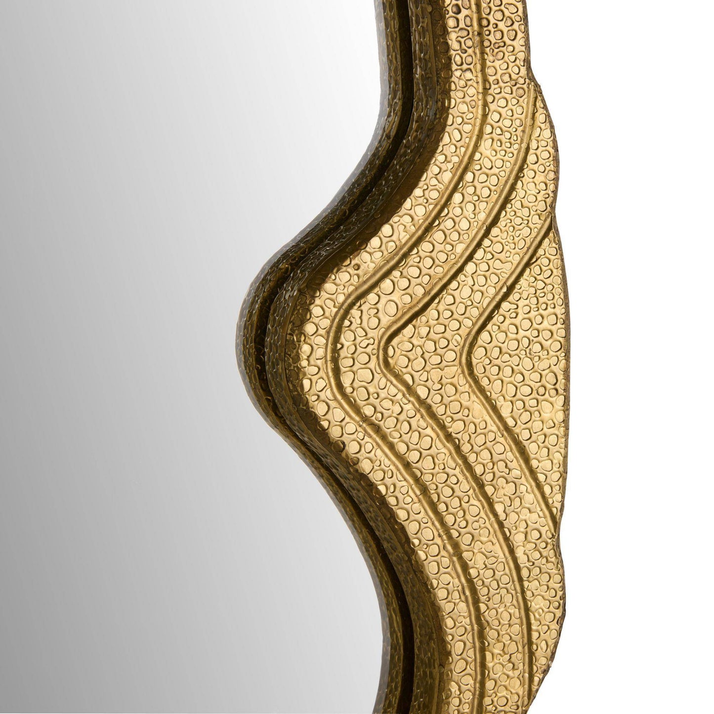 Decorative gold wall mirror with wavy pattern on a white background
