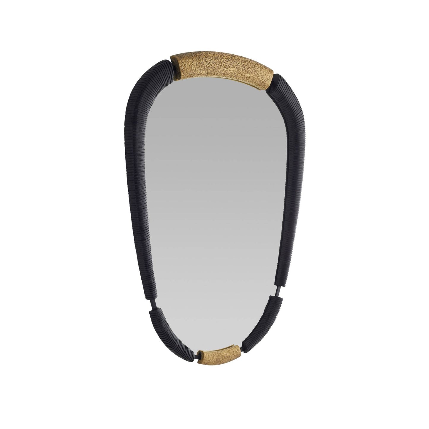 Rectangular mirror with black frame and gold top on a white background