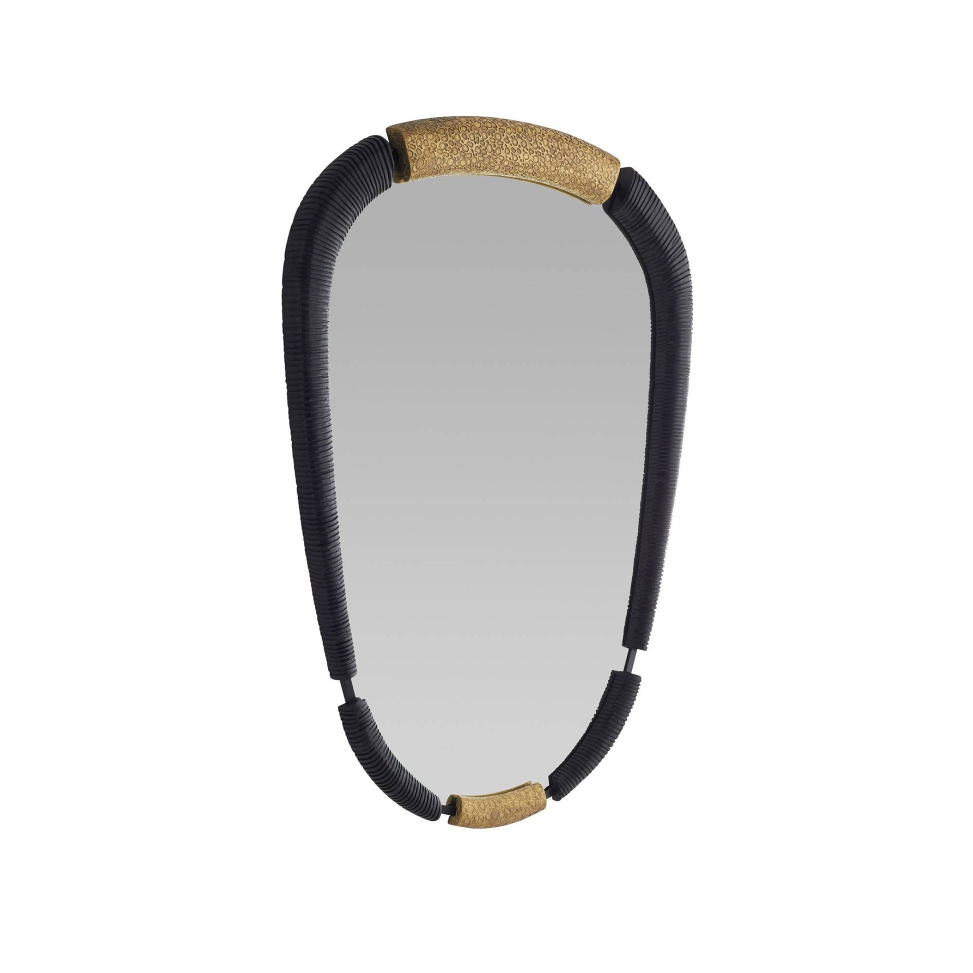 Rectangular mirror with black frame and gold top on a white background