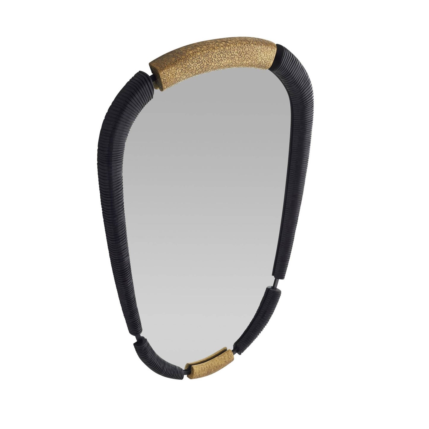 Round mirror with gold and black frame on a white background