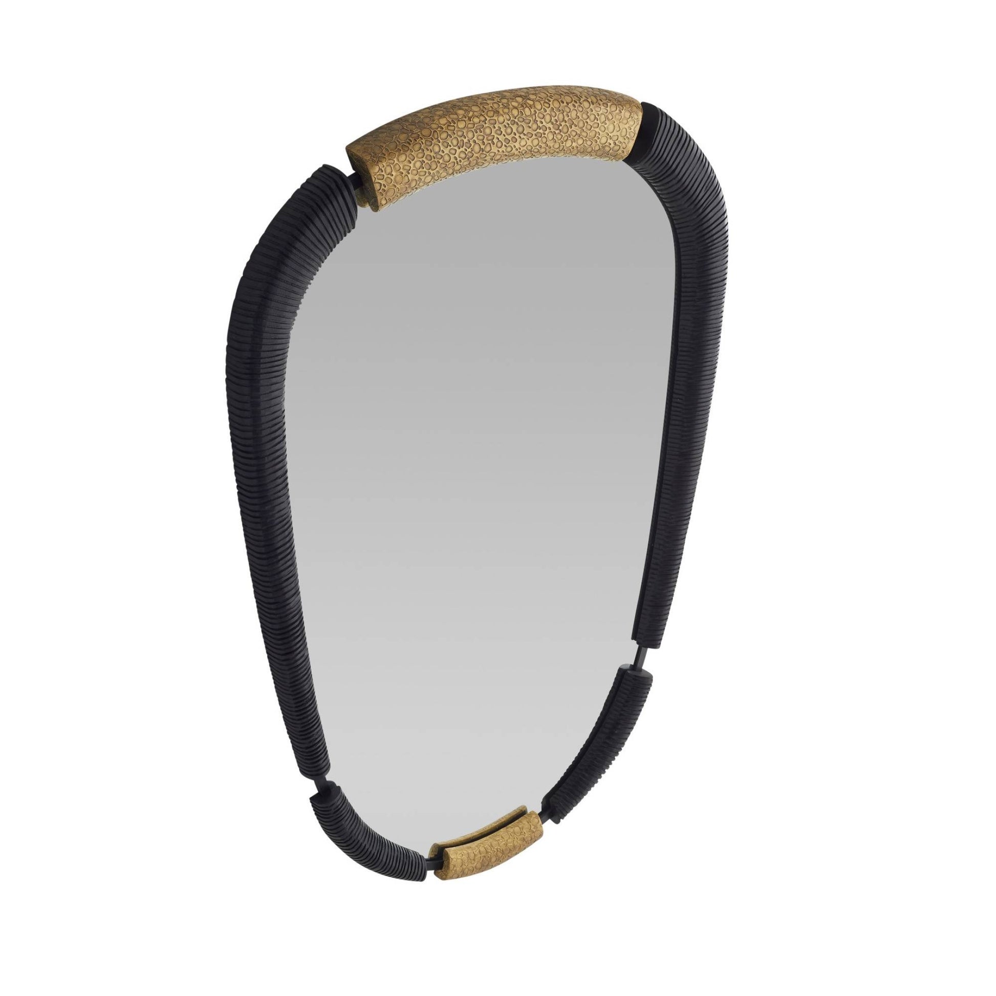 Round mirror with gold and black frame on a white background