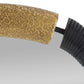 Close-up of a textured wooden handle with a black grip on a gray background