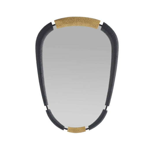 Decorative mirror with black frame and gold accents on a white background